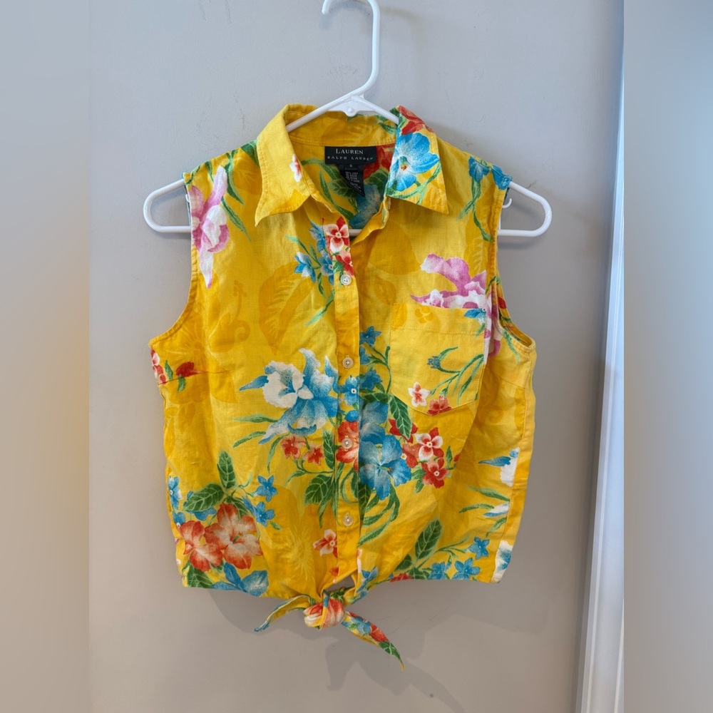 Ralph Lauren Yellow Floral Tie-Front Blouse 100% linen size small - Picture 2 of 4
